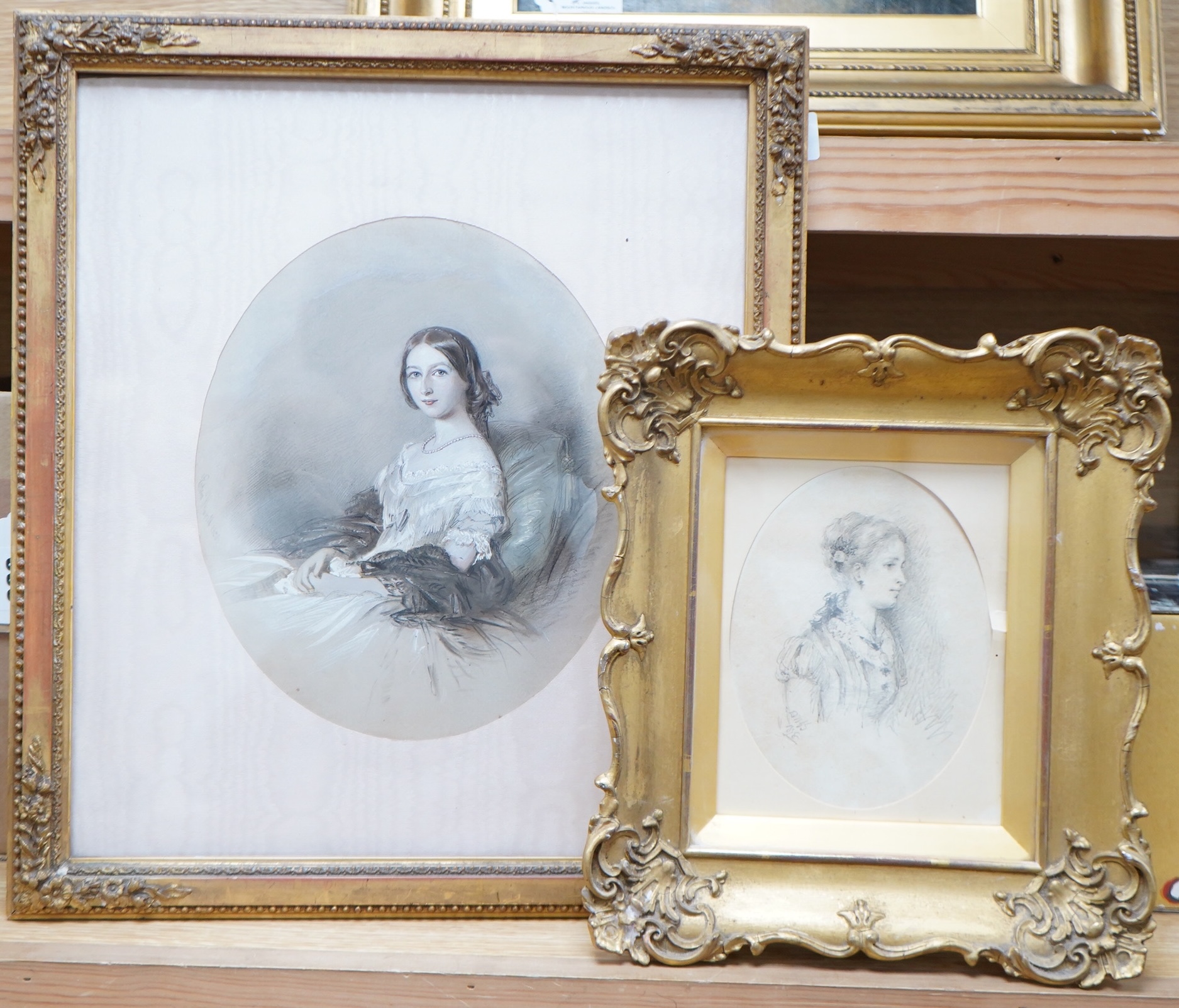 Mid 19th century, Portrait of a seated lady, indistinctly signed Edmund ...? and dated 1858, together with a similar pencil study, indistinctly monogrammed and dated 1898, watercolour heightened with white, oval, largest